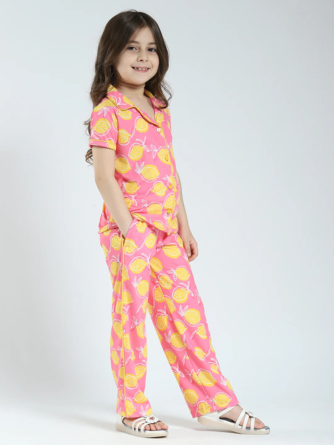 Girls Pink Printed Collar Half Sleeve Lower Set - Image 4