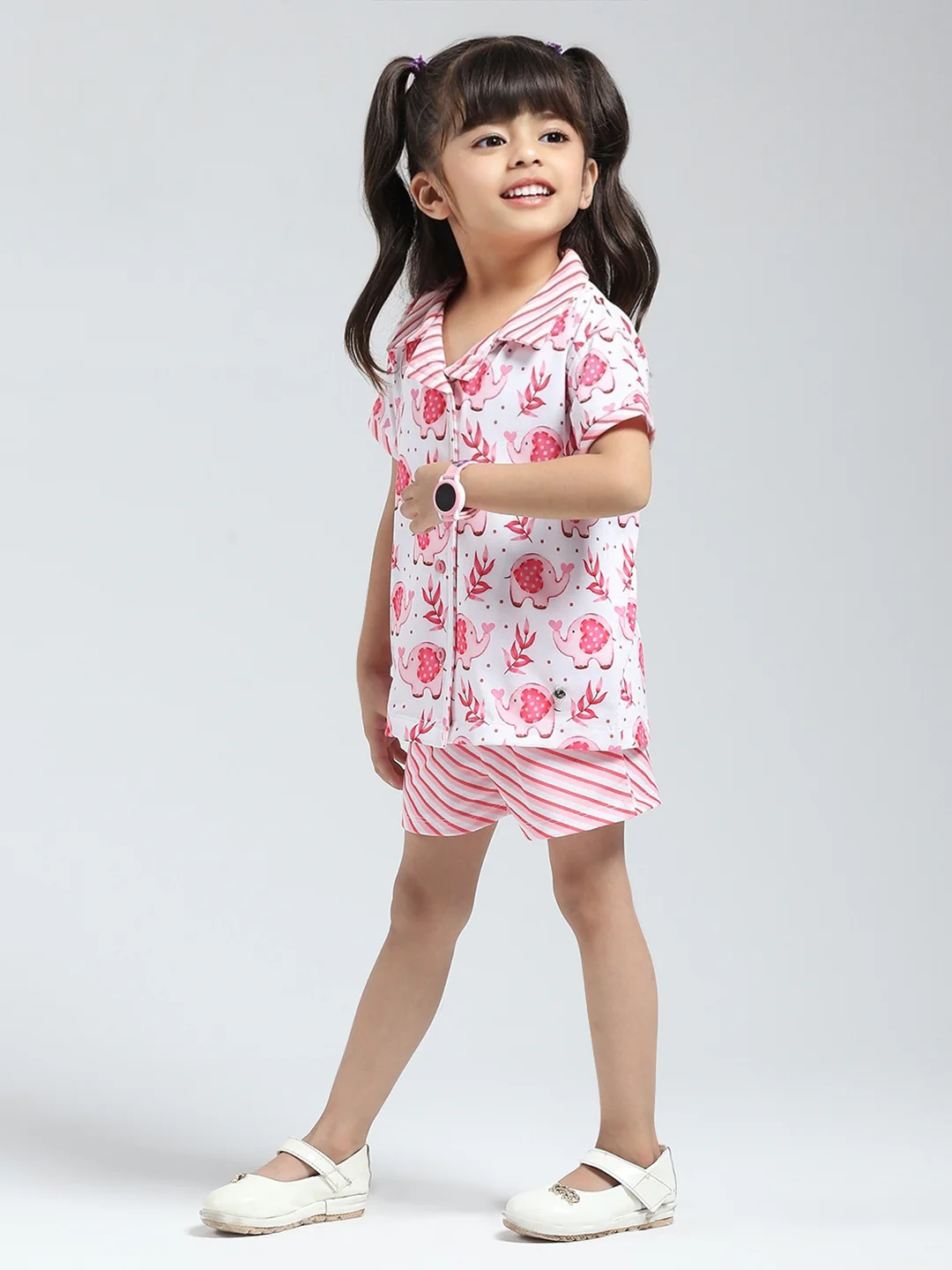 Girls Pink Printed Collar Half Sleeve Shorts Set - Image 3
