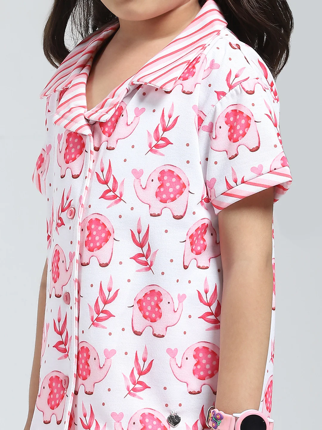 Girls Pink Printed Collar Half Sleeve Shorts Set - Image 7