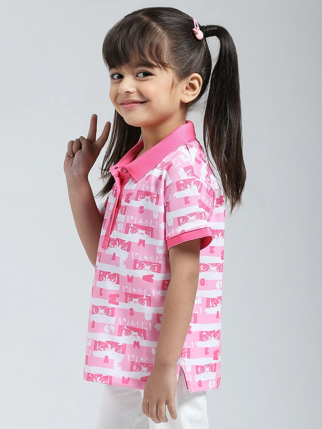 Girls Pink Printed Collar Half Sleeve T-Shirt - Image 3