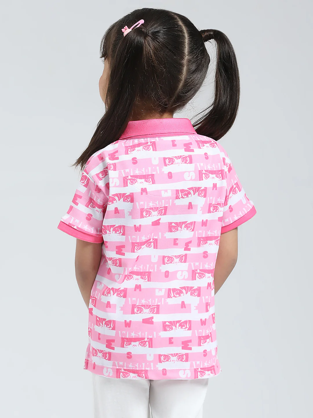 Girls Pink Printed Collar Half Sleeve T-Shirt - Image 5