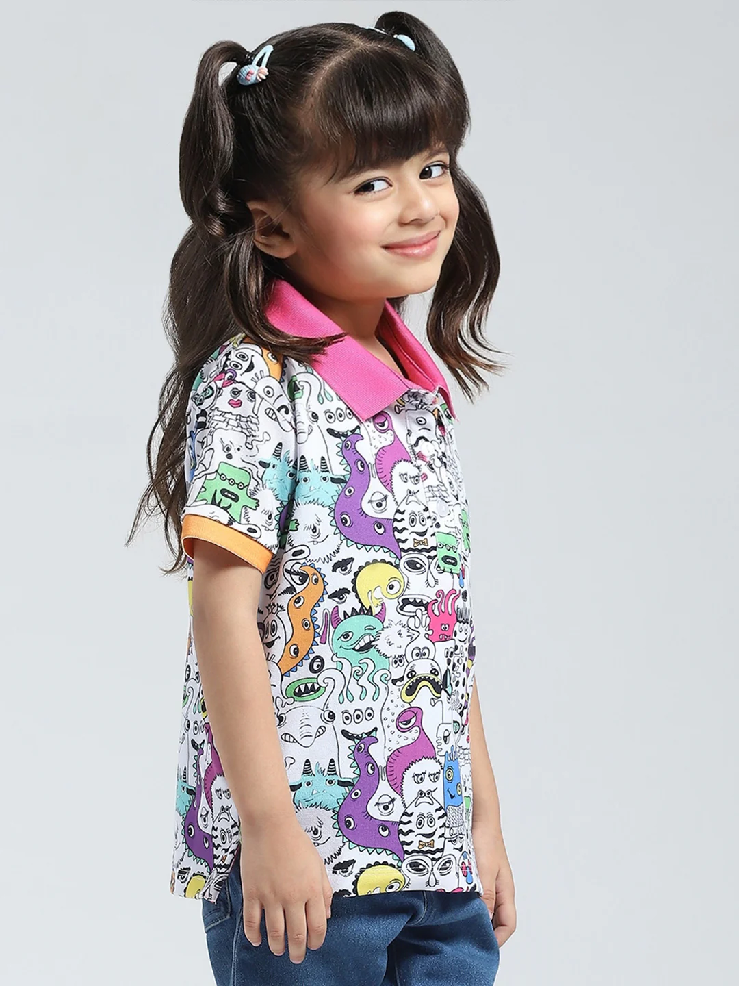 Girls Pink Printed Collar Half Sleeve T-Shirt - Image 4