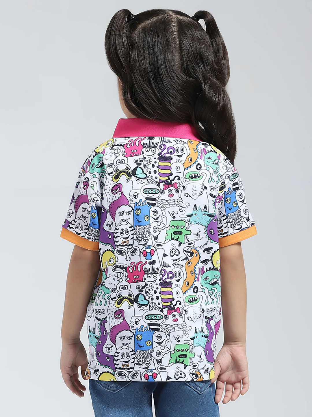 Girls Pink Printed Collar Half Sleeve T-Shirt - Image 5