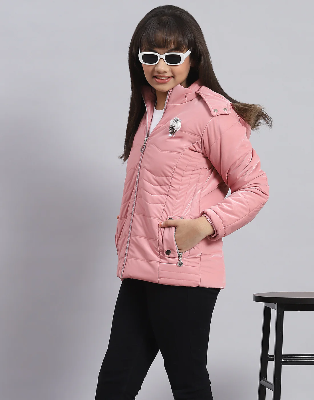 Girls Pink Printed Hooded Full Sleeve Girls Jacket - Image 6