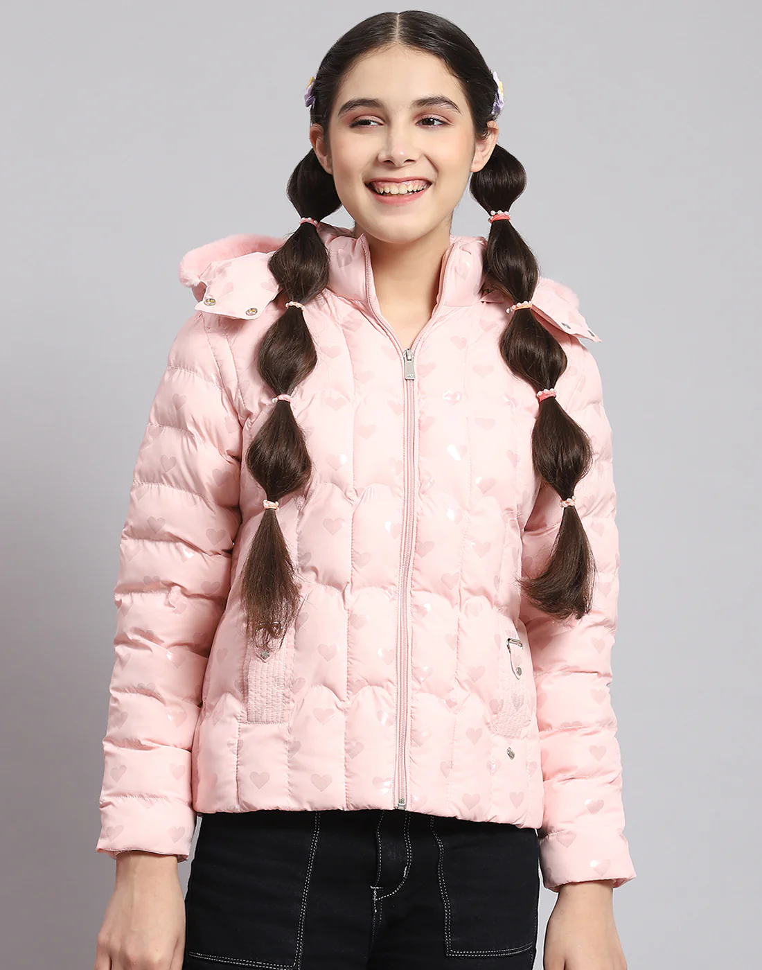 Girls Pink Printed Hooded Full Sleeve Girls Jacket - Image 3