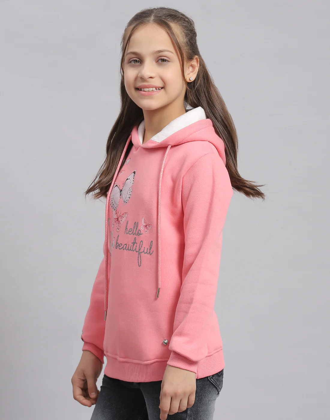Girls Pink Printed Hooded Full Sleeve Sweatshirt - Image 3
