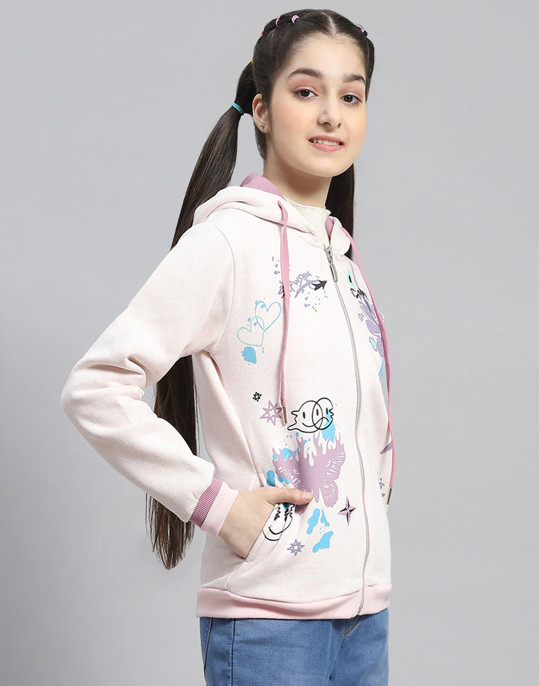 Girls Pink Printed Hooded Full Sleeve Sweatshirt - Image 4