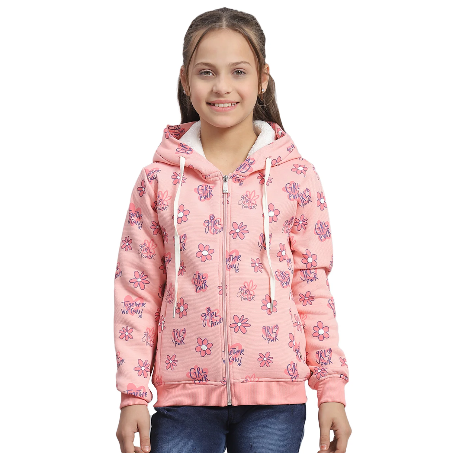 Girls Pink Printed Hooded Full Sleeve Sweatshirt - Image 5
