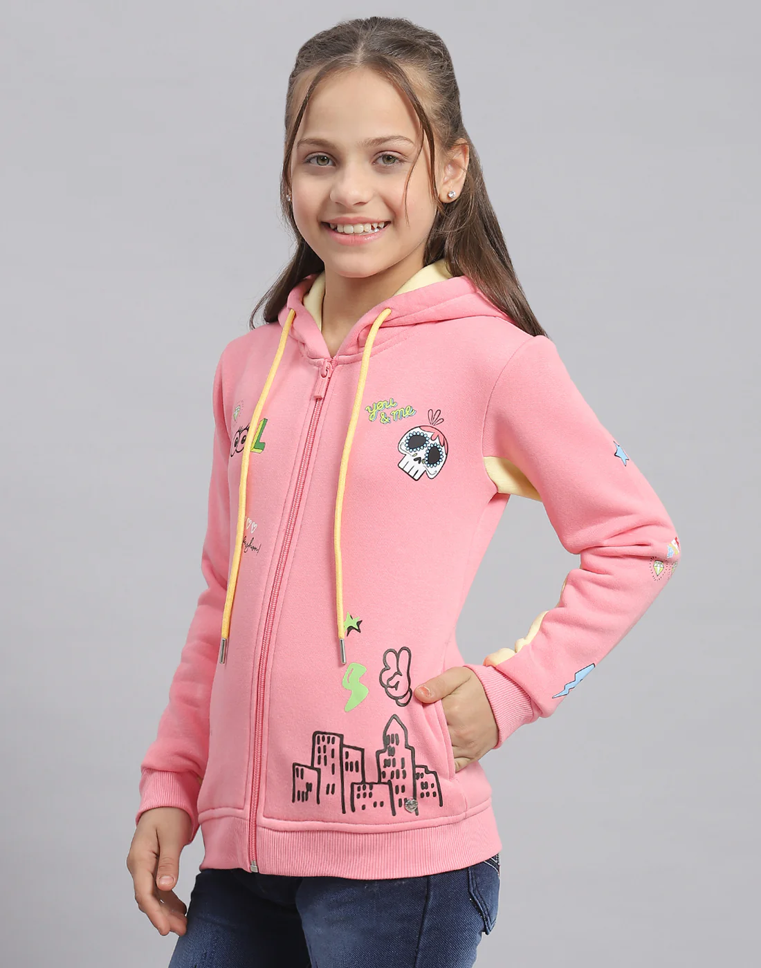 Girls Pink Printed Hooded Full Sleeve Sweatshirt - Image 3