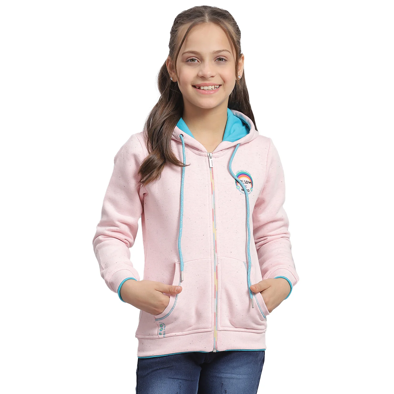 Girls Pink Printed Hooded Full Sleeve Sweatshirt - Image 5