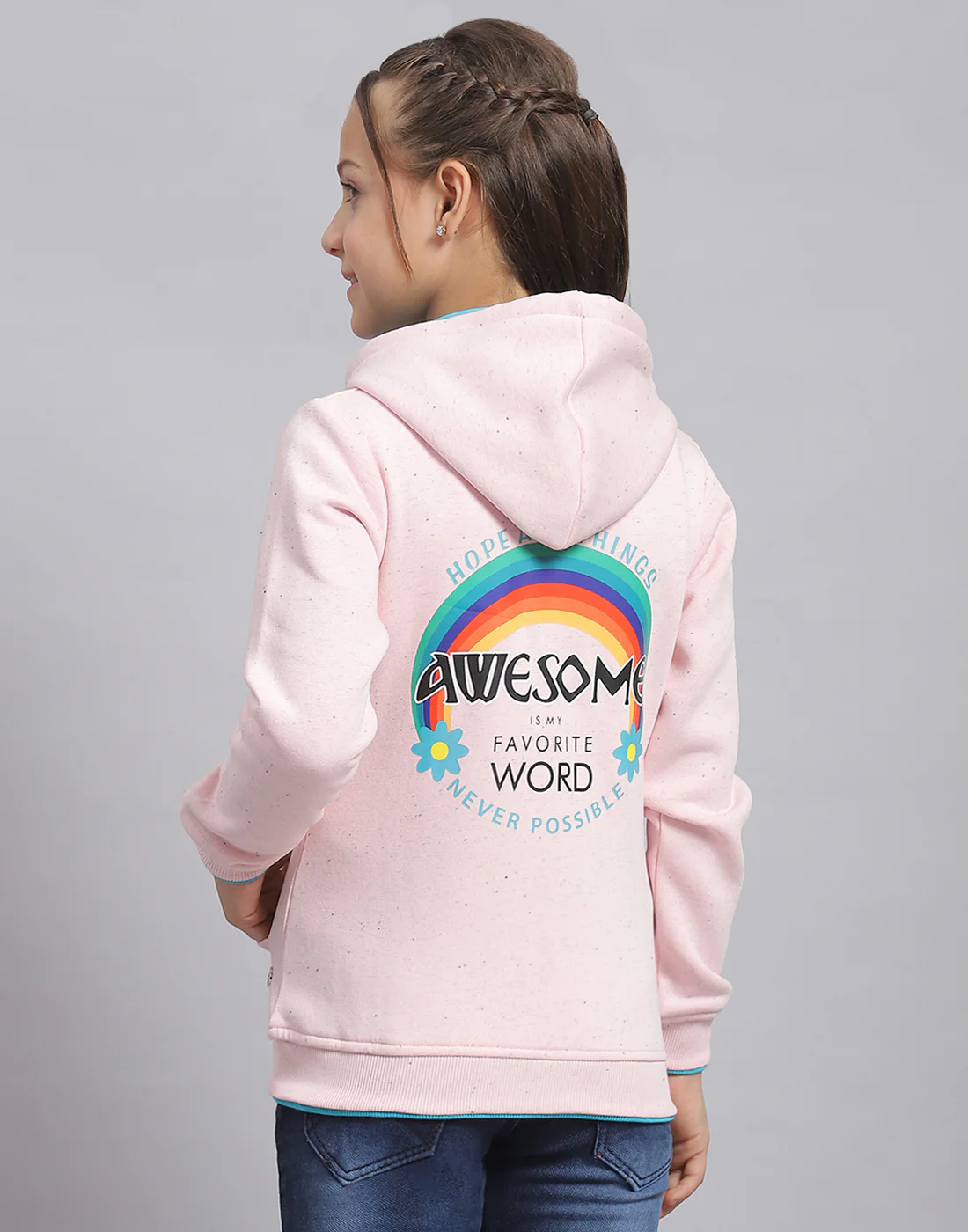Girls Pink Printed Hooded Full Sleeve Sweatshirt - Image 6