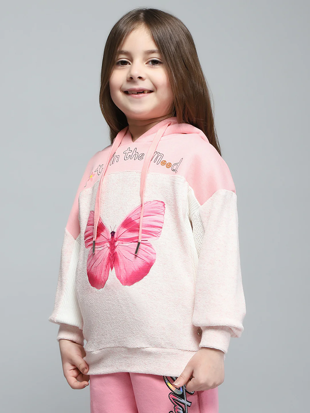 Girls Pink Printed Hooded Full Sleeve Sweatshirt - Image 3
