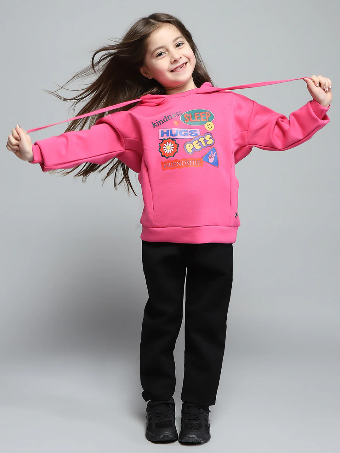 Girls Pink Printed Hooded Full Sleeve Sweatshirt - Image 2