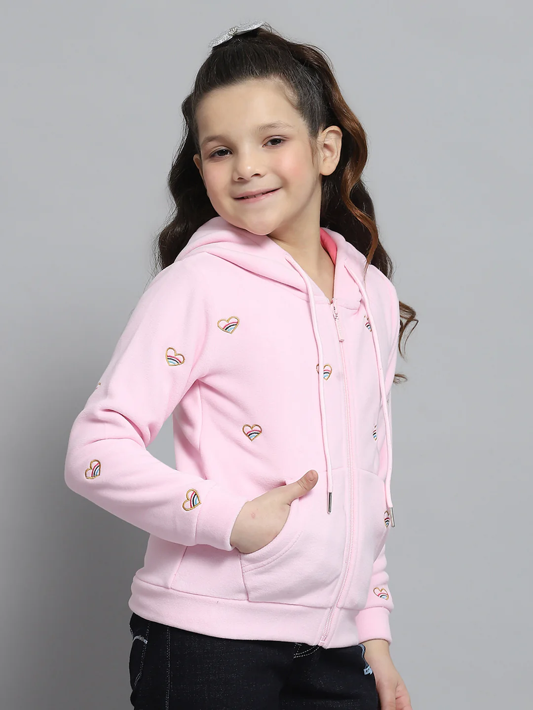 Girls Pink Printed Hooded Full Sleeve Sweatshirt - Image 4