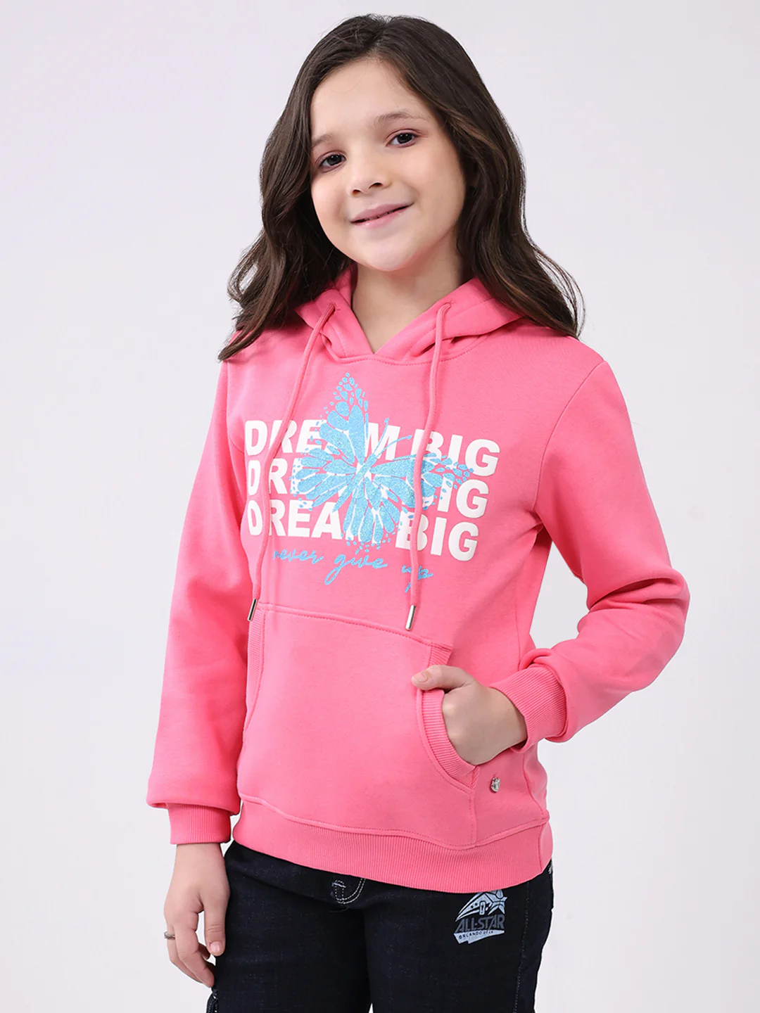 Girls Pink Printed Hooded Full Sleeve Sweatshirt - Image 3