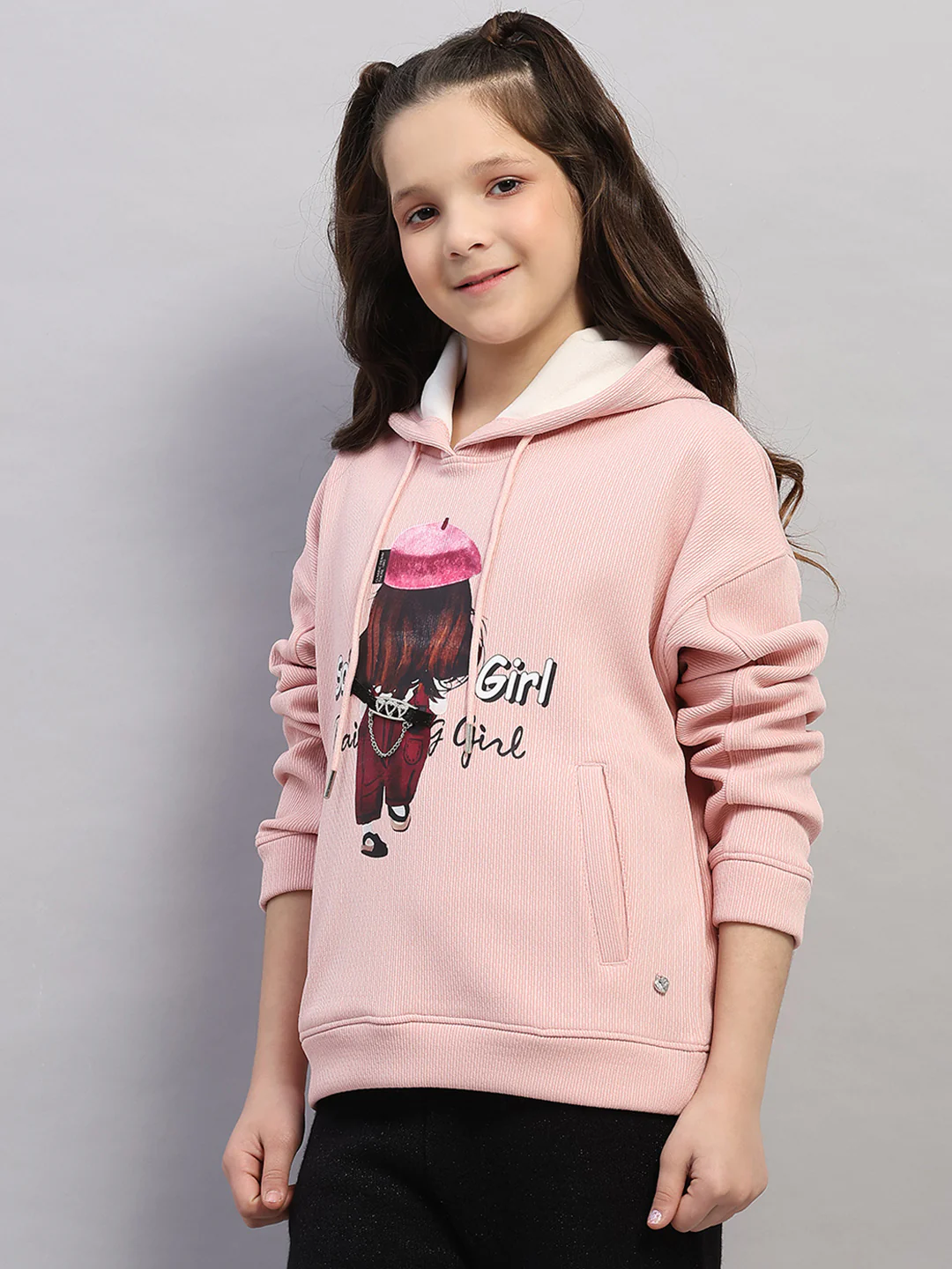 Girls Pink Printed Hooded Full Sleeve Sweatshirt - Image 3