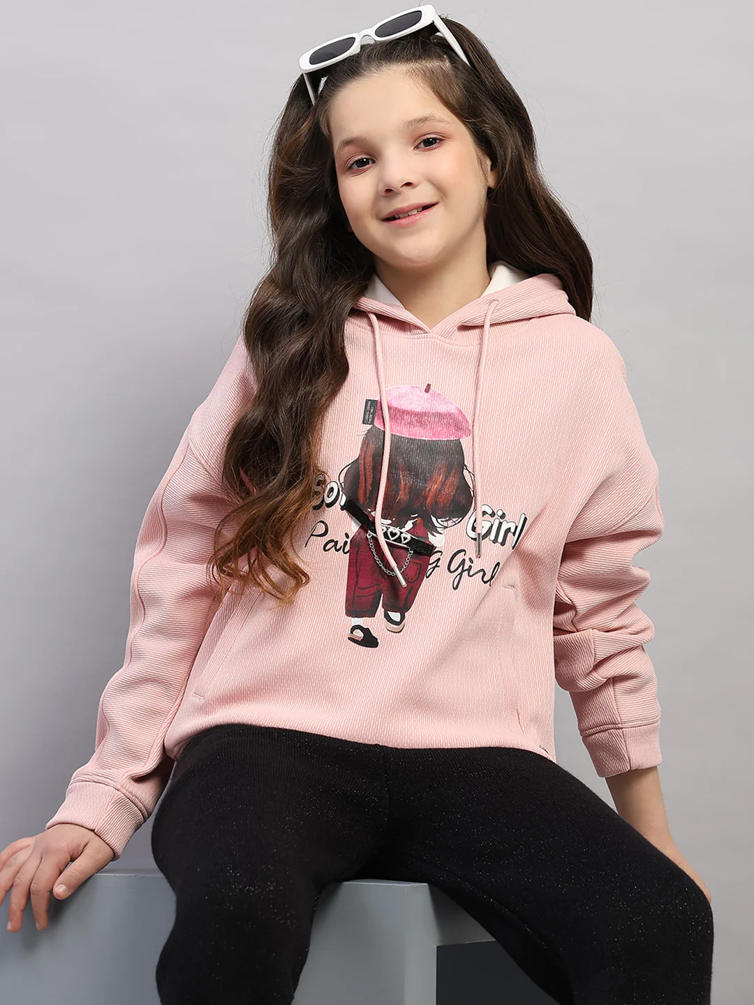 Girls Pink Printed Hooded Full Sleeve Sweatshirt - Image 6