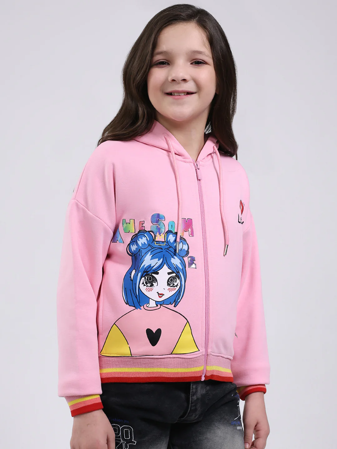 Girls Pink Printed Hooded Full Sleeve Sweatshirt - Image 4