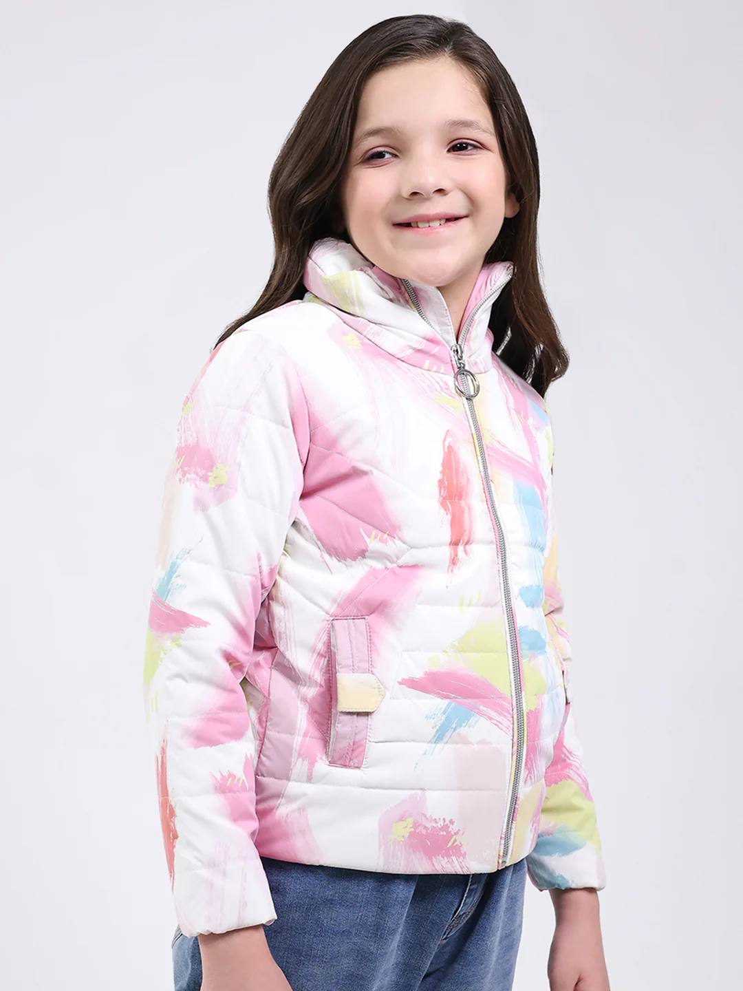 Girls Pink Printed Mock Neck Full Sleeve Jacket - Image 4