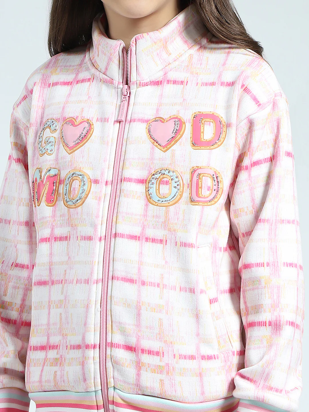Girls Pink Printed Mock Neck Full Sleeve Sweatshirt - Image 6