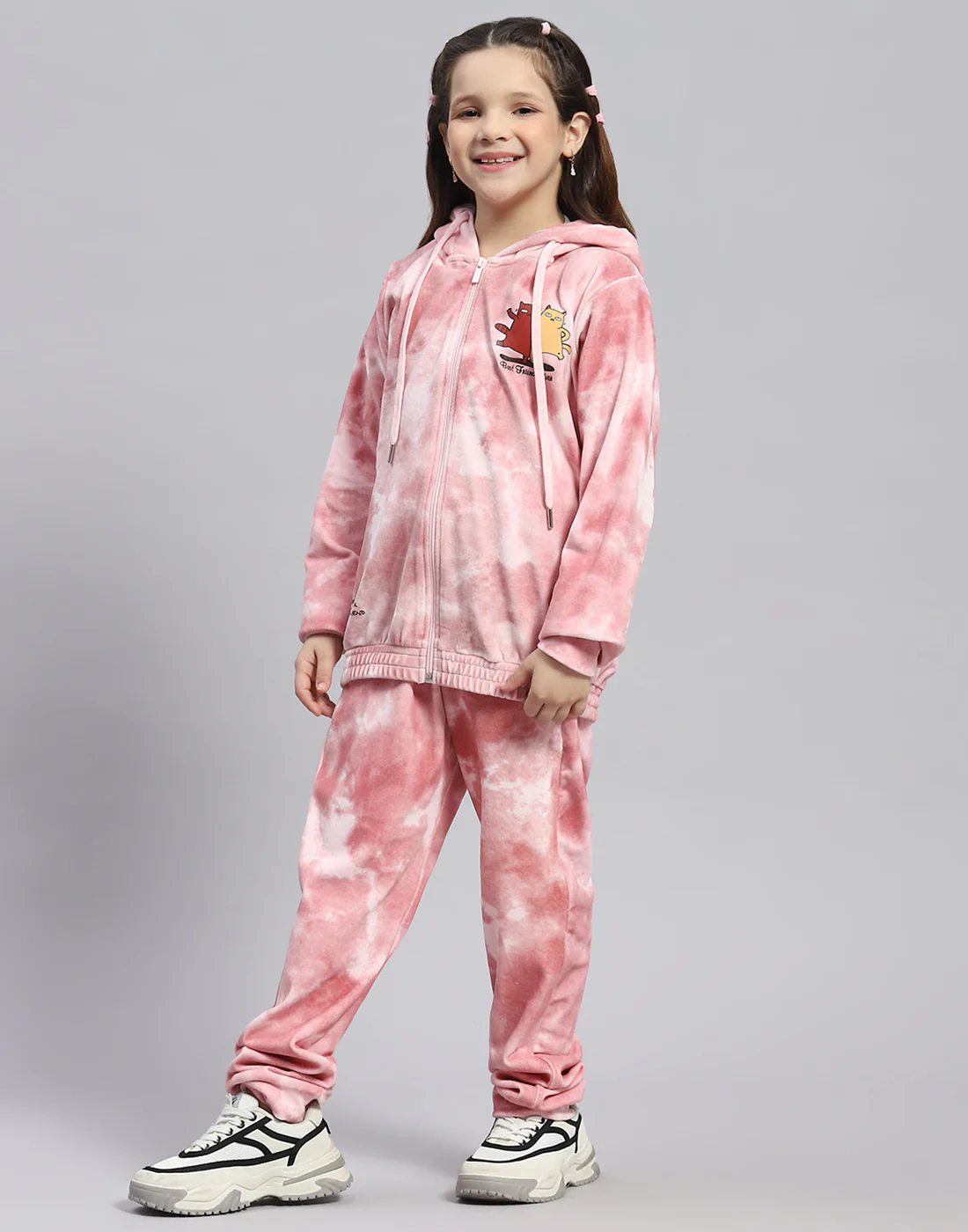 Girls Pink Printed Round Neck Full Sleeve Cords Set - Image 3