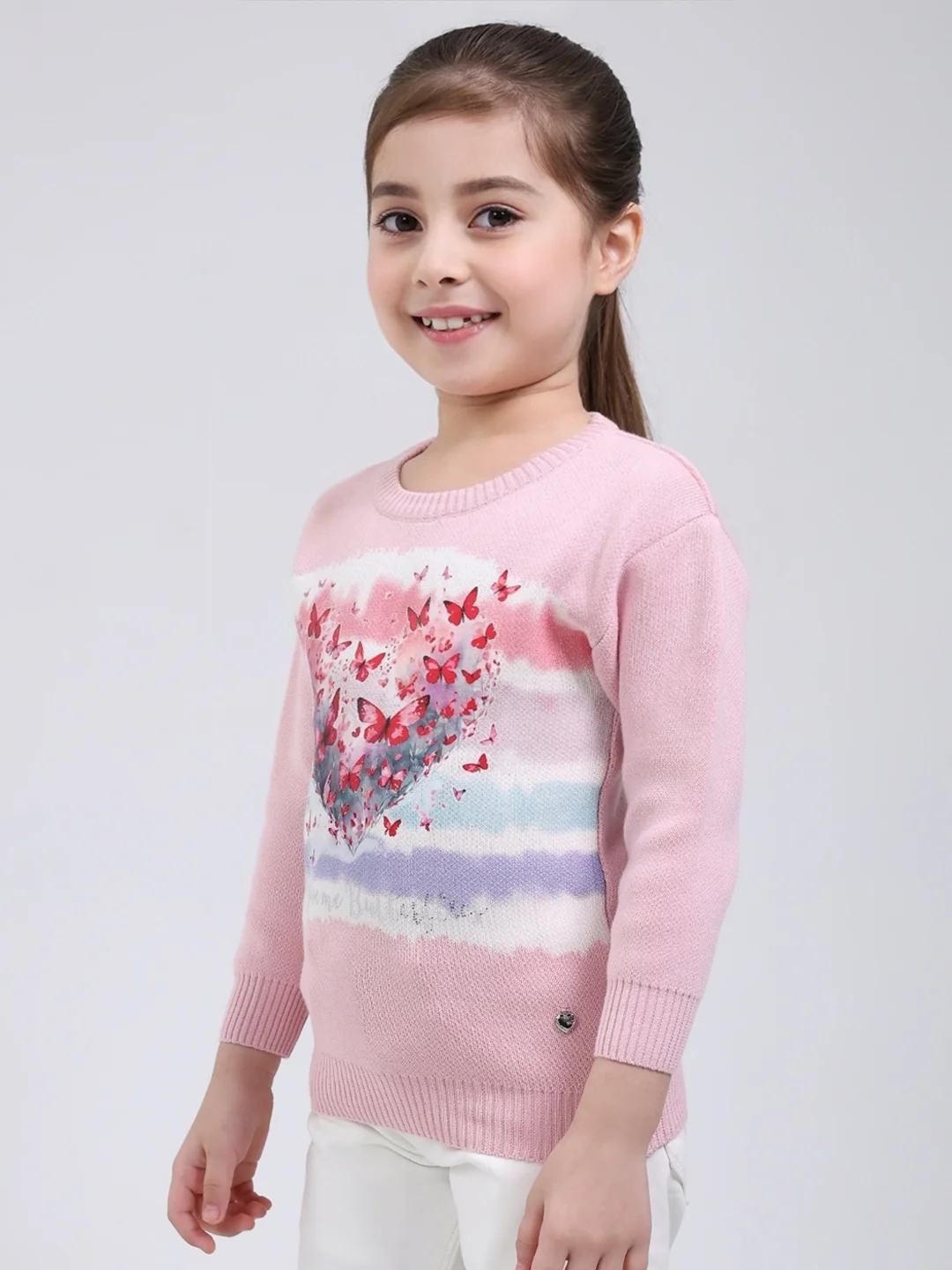 Girls Pink Printed Round Neck Full Sleeve Pullover - Image 3