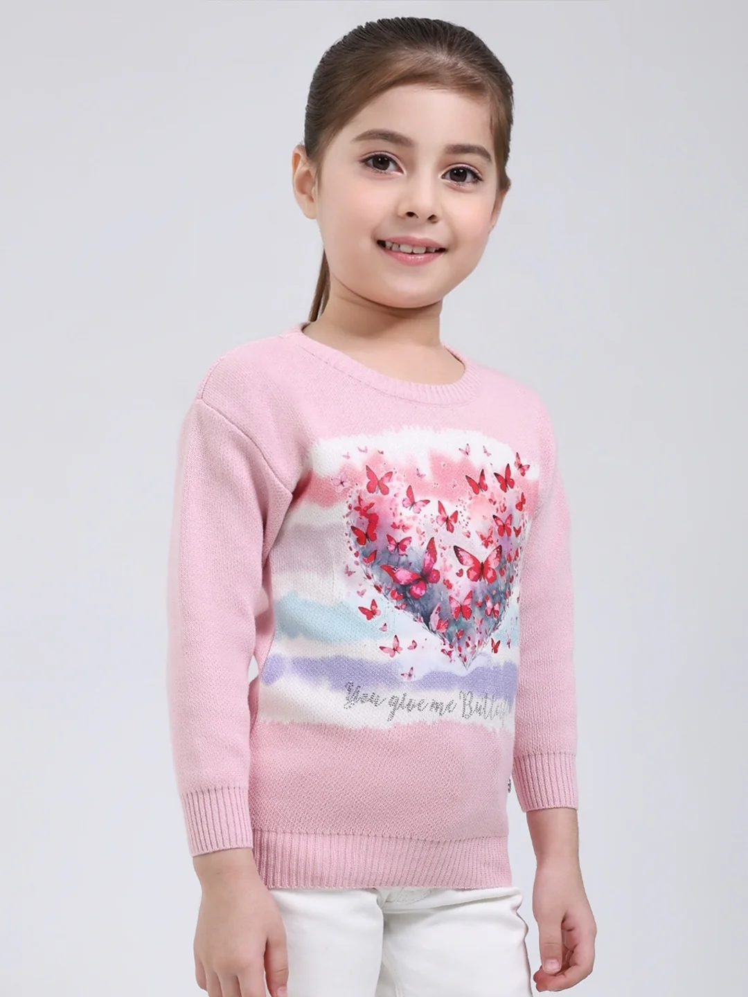 Girls Pink Printed Round Neck Full Sleeve Pullover - Image 4