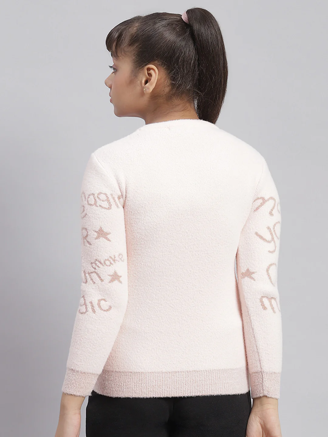 Girls Pink Printed Round Neck Full Sleeve Sweater - Image 5