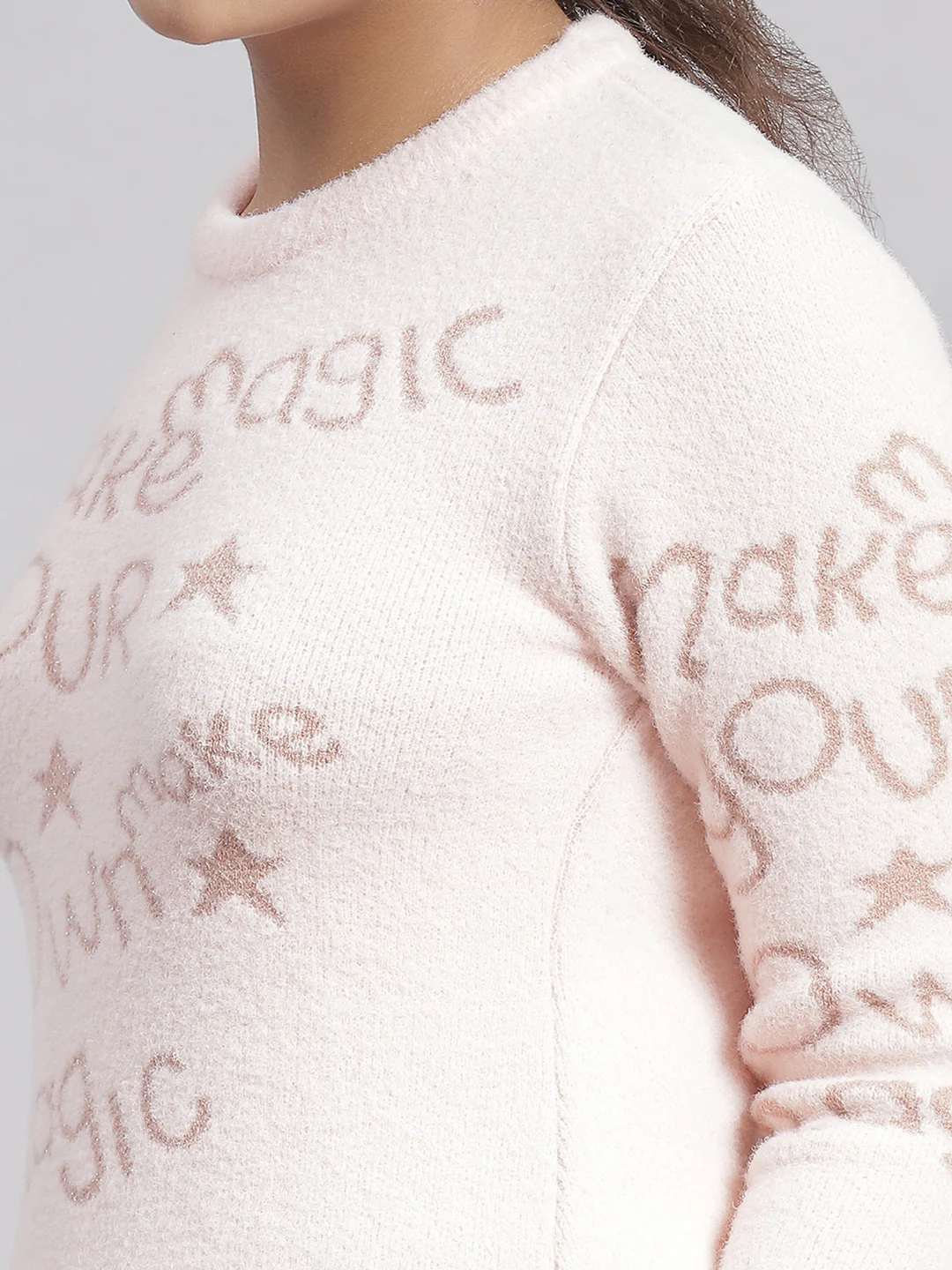 Girls Pink Printed Round Neck Full Sleeve Sweater - Image 7