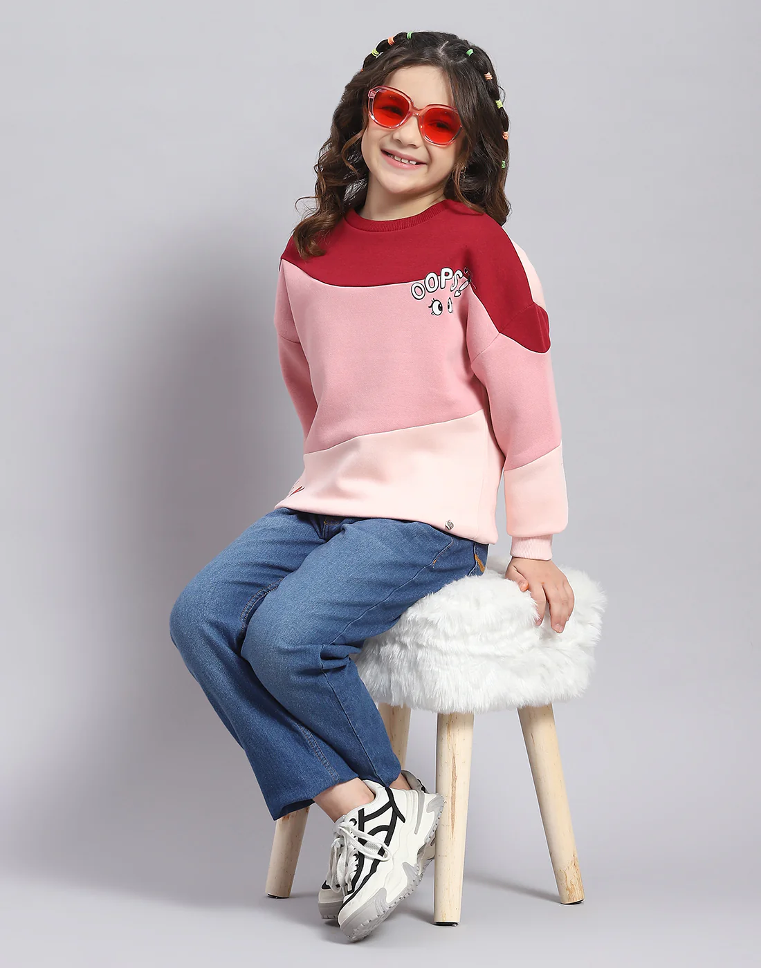 Girls Pink Printed Round Neck Full Sleeve Sweatshirt - Image 2