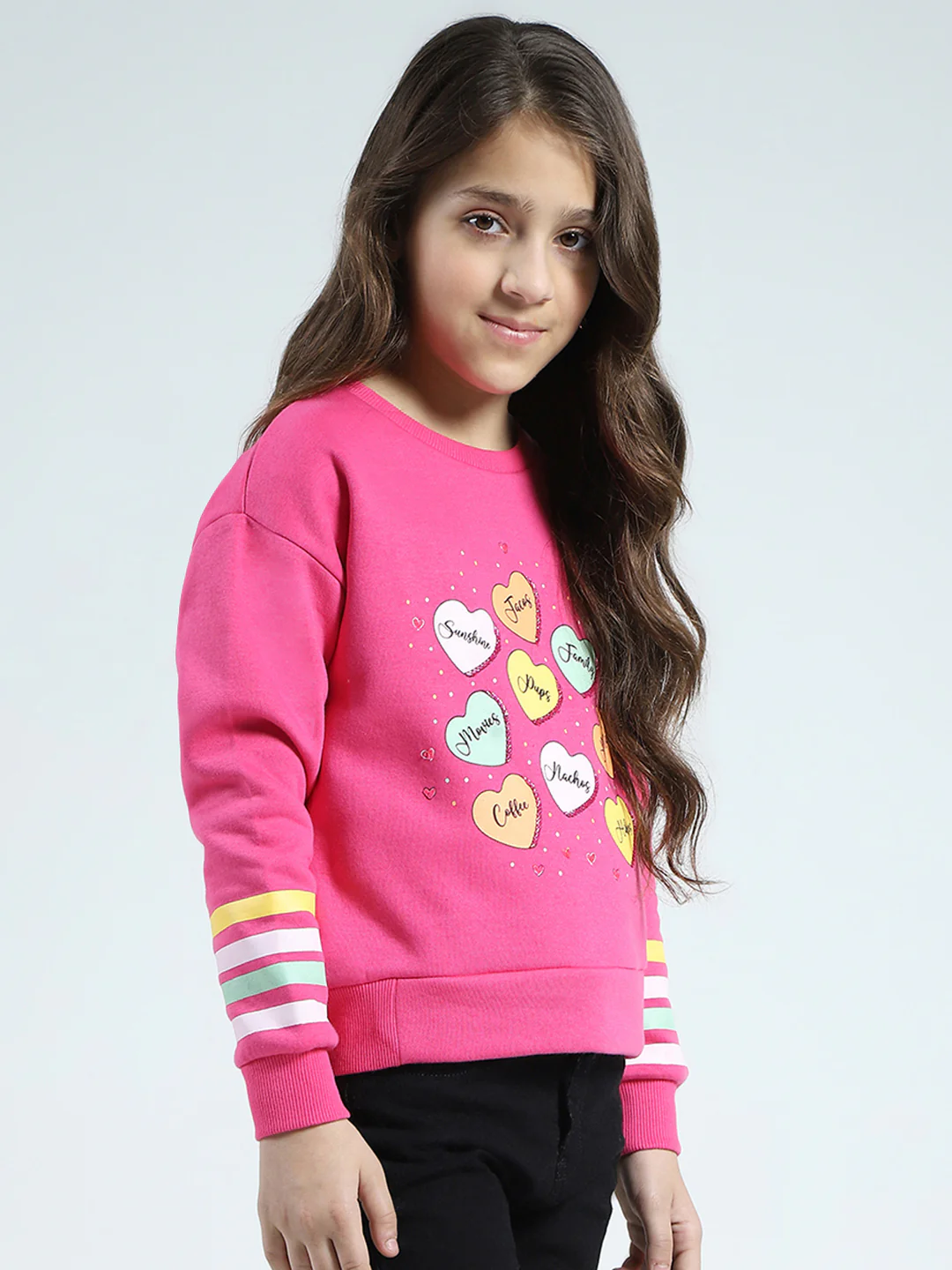 Girls Pink Printed Round Neck Full Sleeve Sweatshirt - Image 4