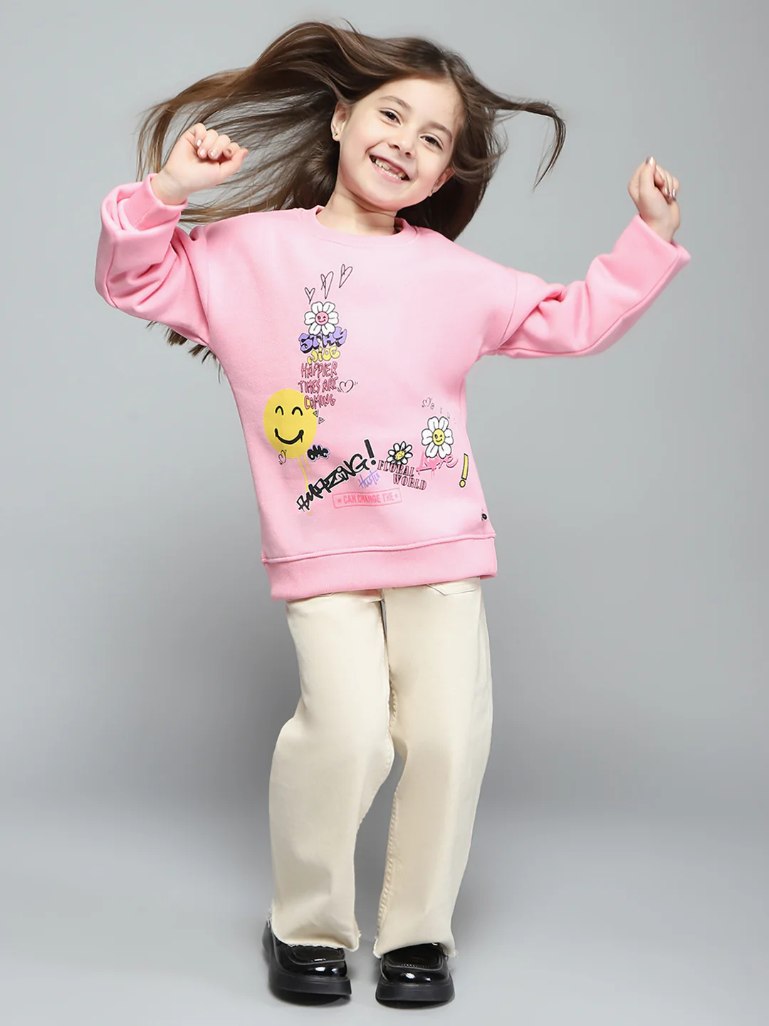 Girls Pink Printed Round Neck Full Sleeve Sweatshirt - Image 2
