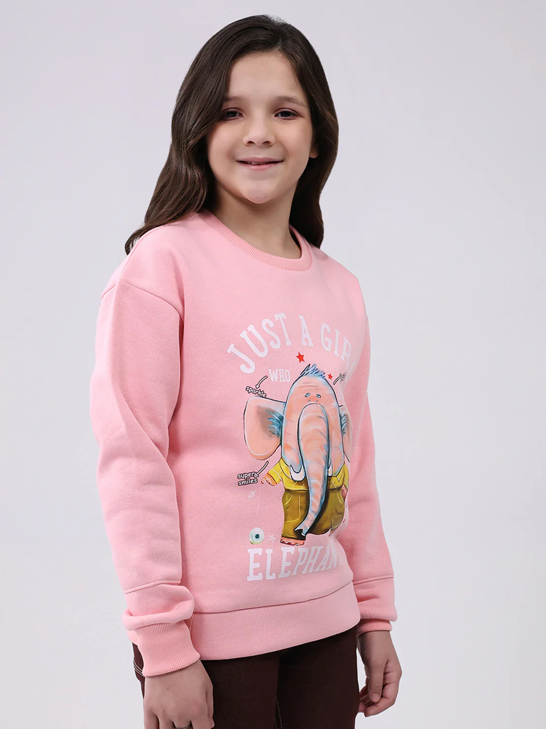 Girls Pink Printed Round Neck Full Sleeve Sweatshirt - Image 4
