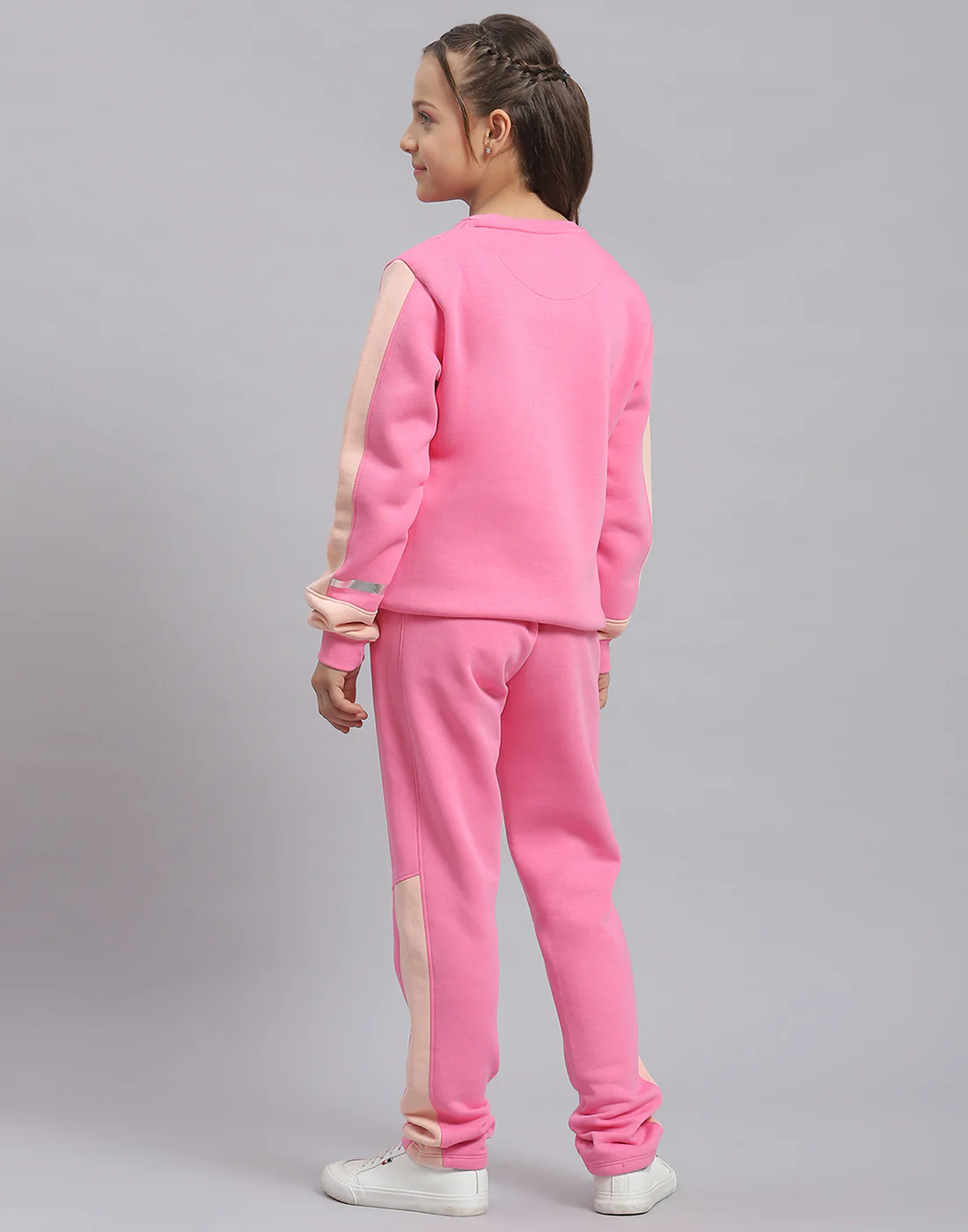 Girls Pink Printed Round Neck Full Sleeve Tracksuit - Image 6
