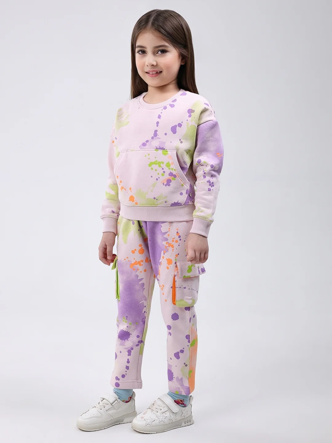 Girls Pink Printed Round Neck Full Sleeve Tracksuit - Image 3
