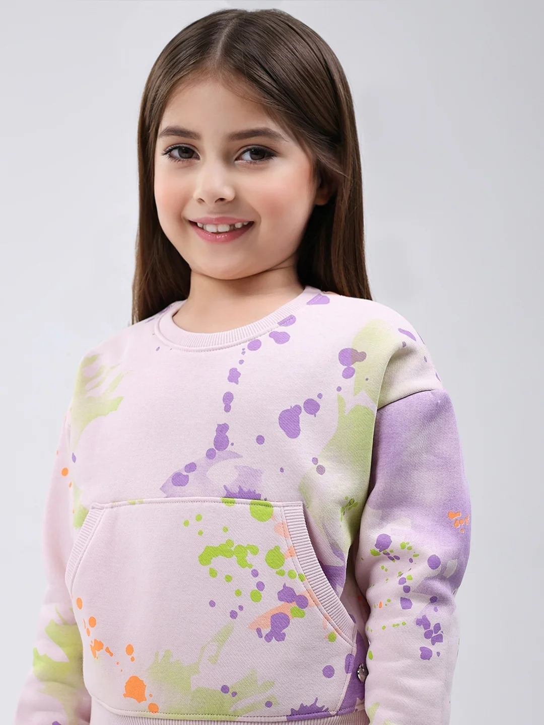 Girls Pink Printed Round Neck Full Sleeve Tracksuit - Image 6