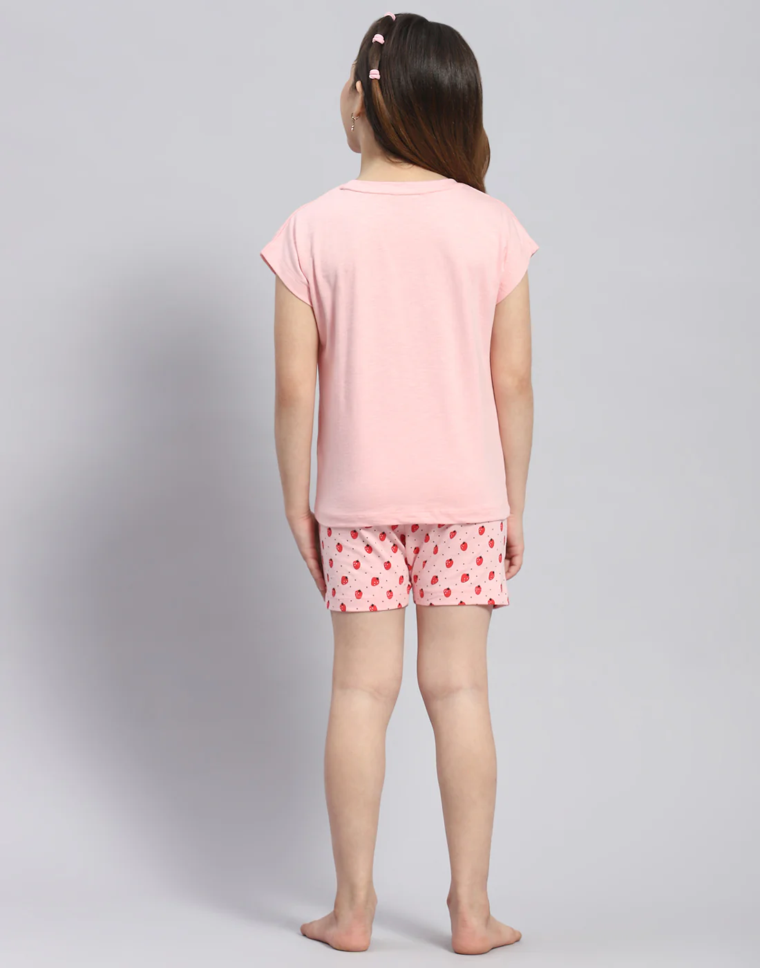 Girls Pink Printed Round Neck Half Sleeve Shorts Set - Image 5