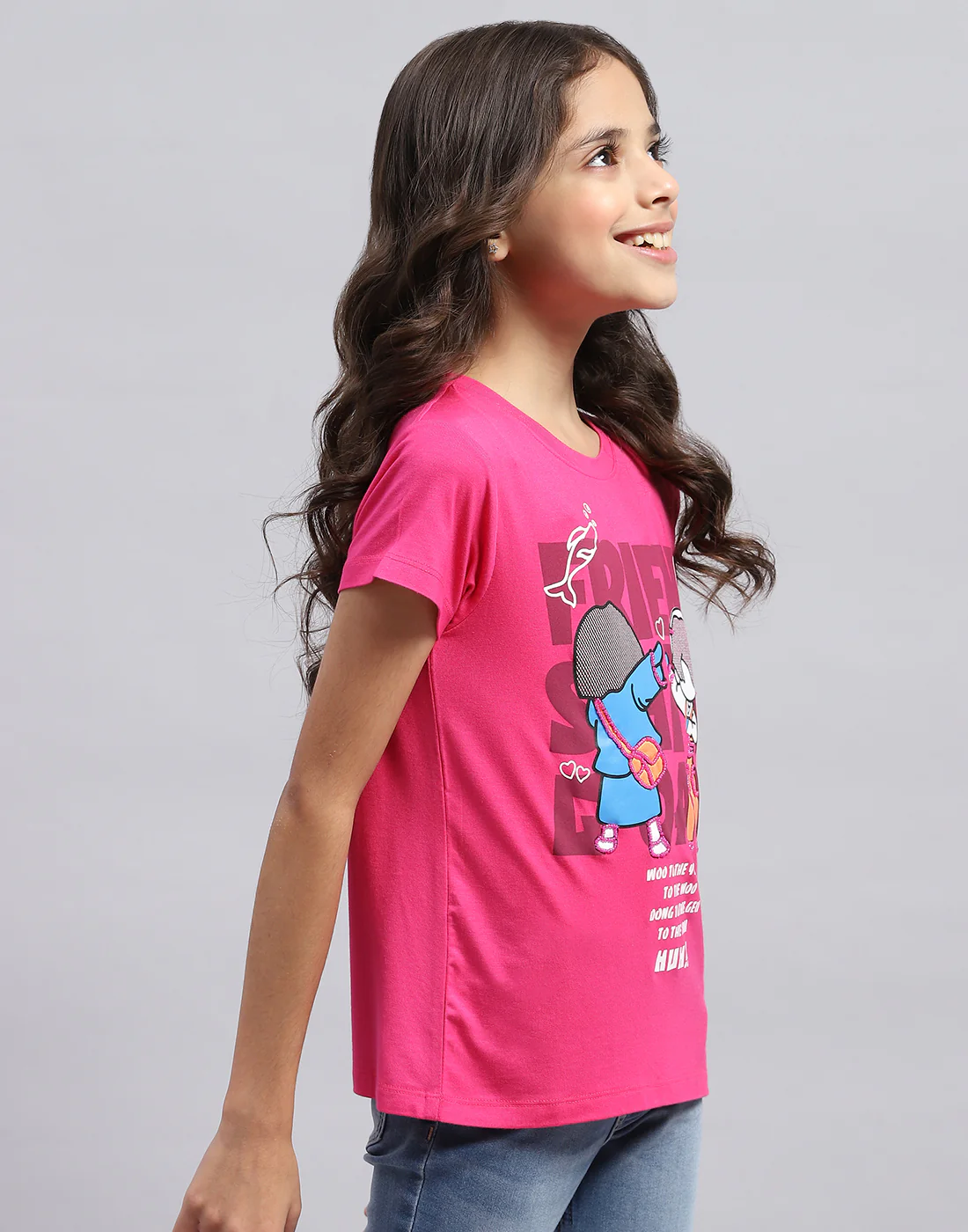 Girls Pink Printed Round Neck Half Sleeve Top - Image 4