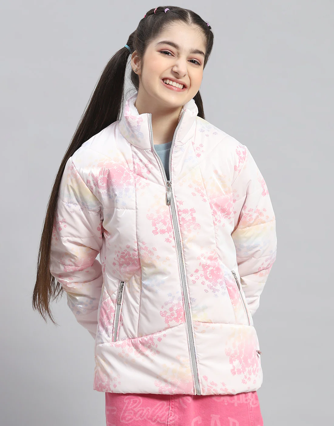 Girls Pink Printed Stand Collar Full Sleeve Girls Jacket - Image 2