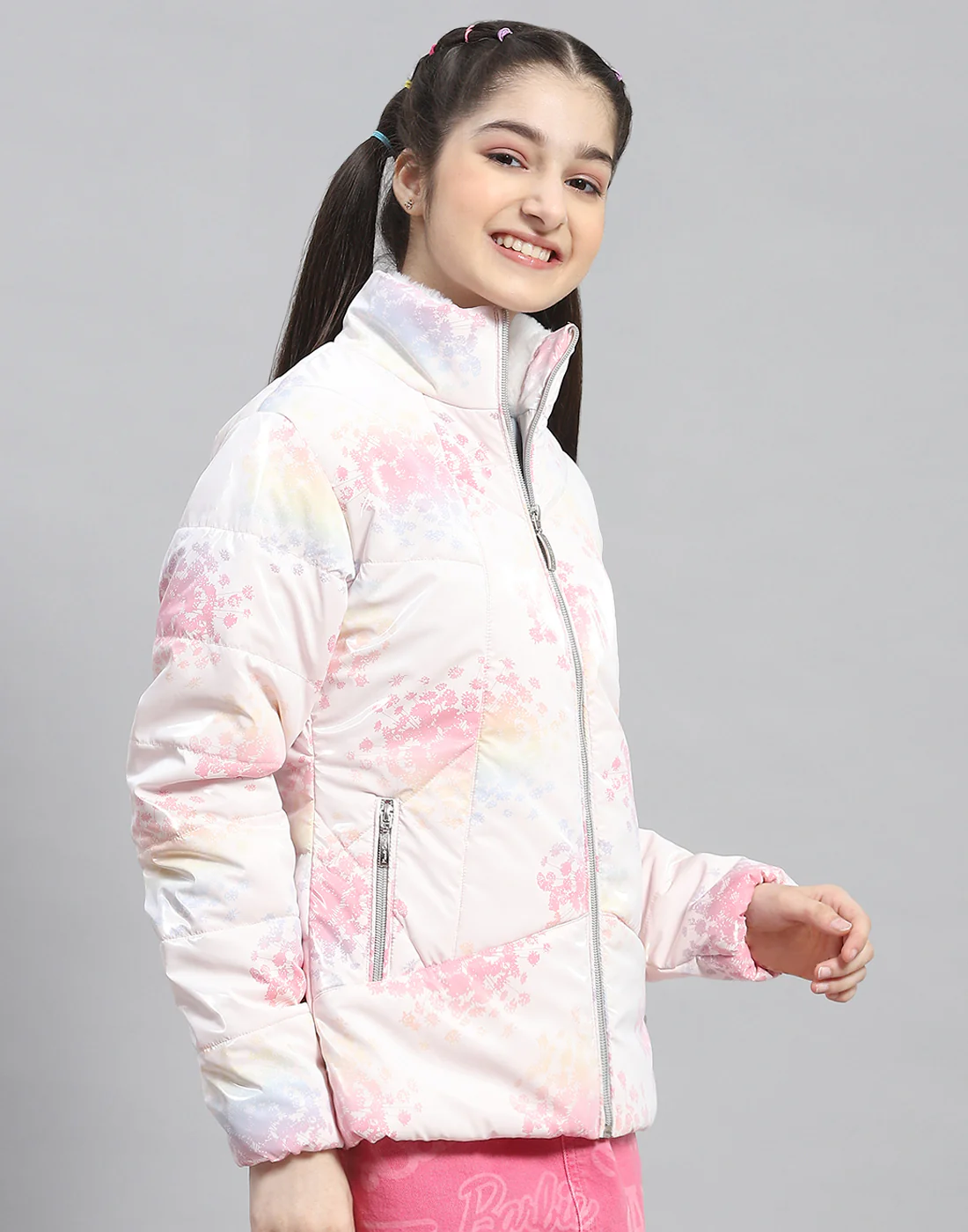 Girls Pink Printed Stand Collar Full Sleeve Girls Jacket - Image 4