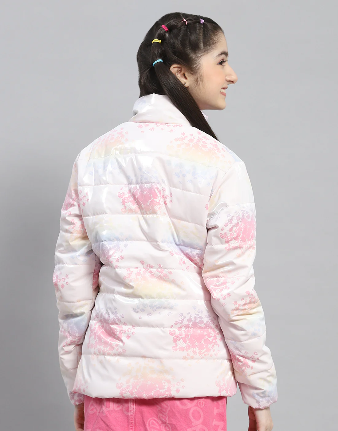 Girls Pink Printed Stand Collar Full Sleeve Girls Jacket - Image 5