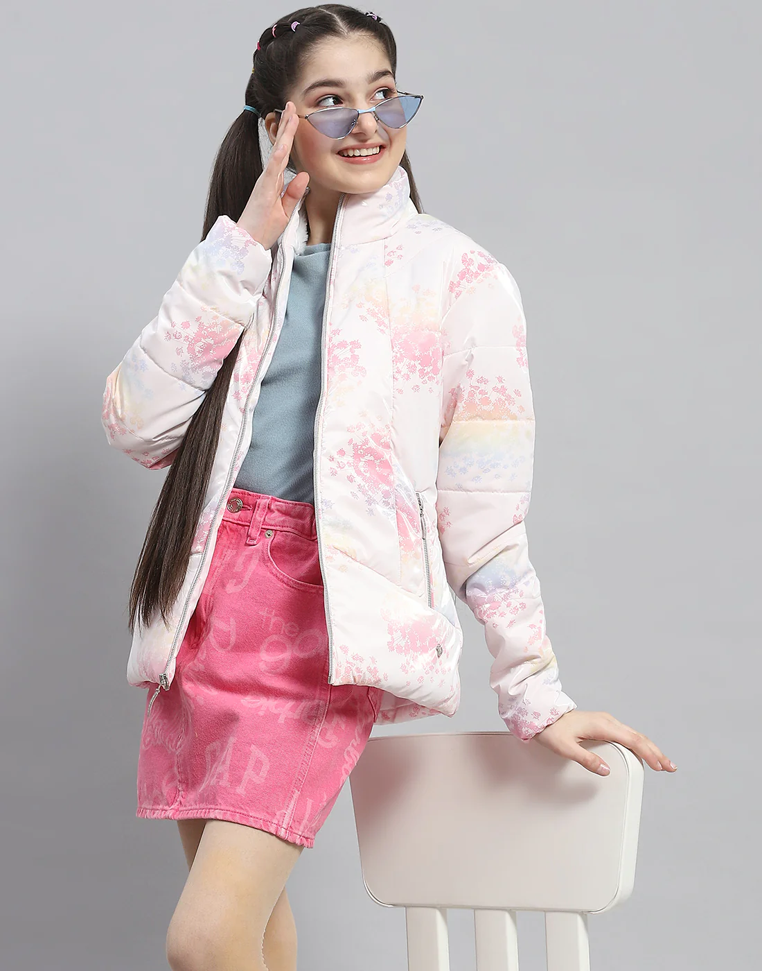 Girls Pink Printed Stand Collar Full Sleeve Girls Jacket - Image 6