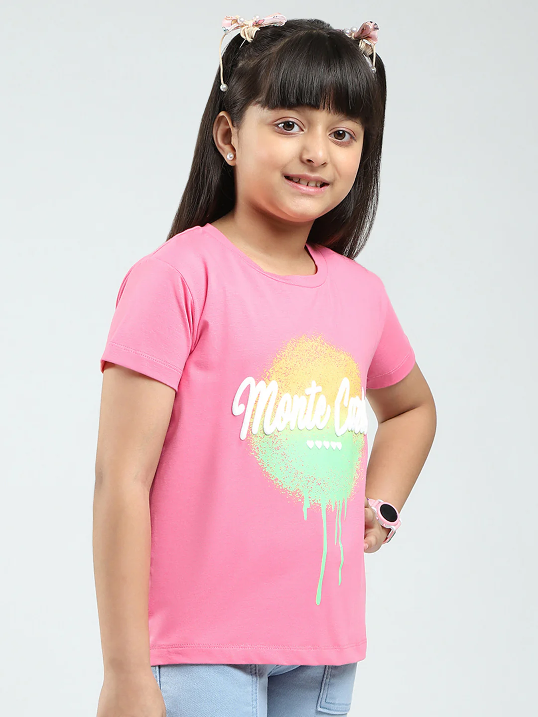 Girls Pink Printed Round Neck Half Sleeve Top - Image 4