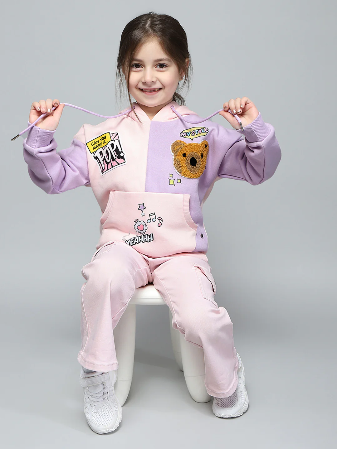 Girls Pink & Purple Printed Hooded Full Sleeve Sweatshirt - Image 2