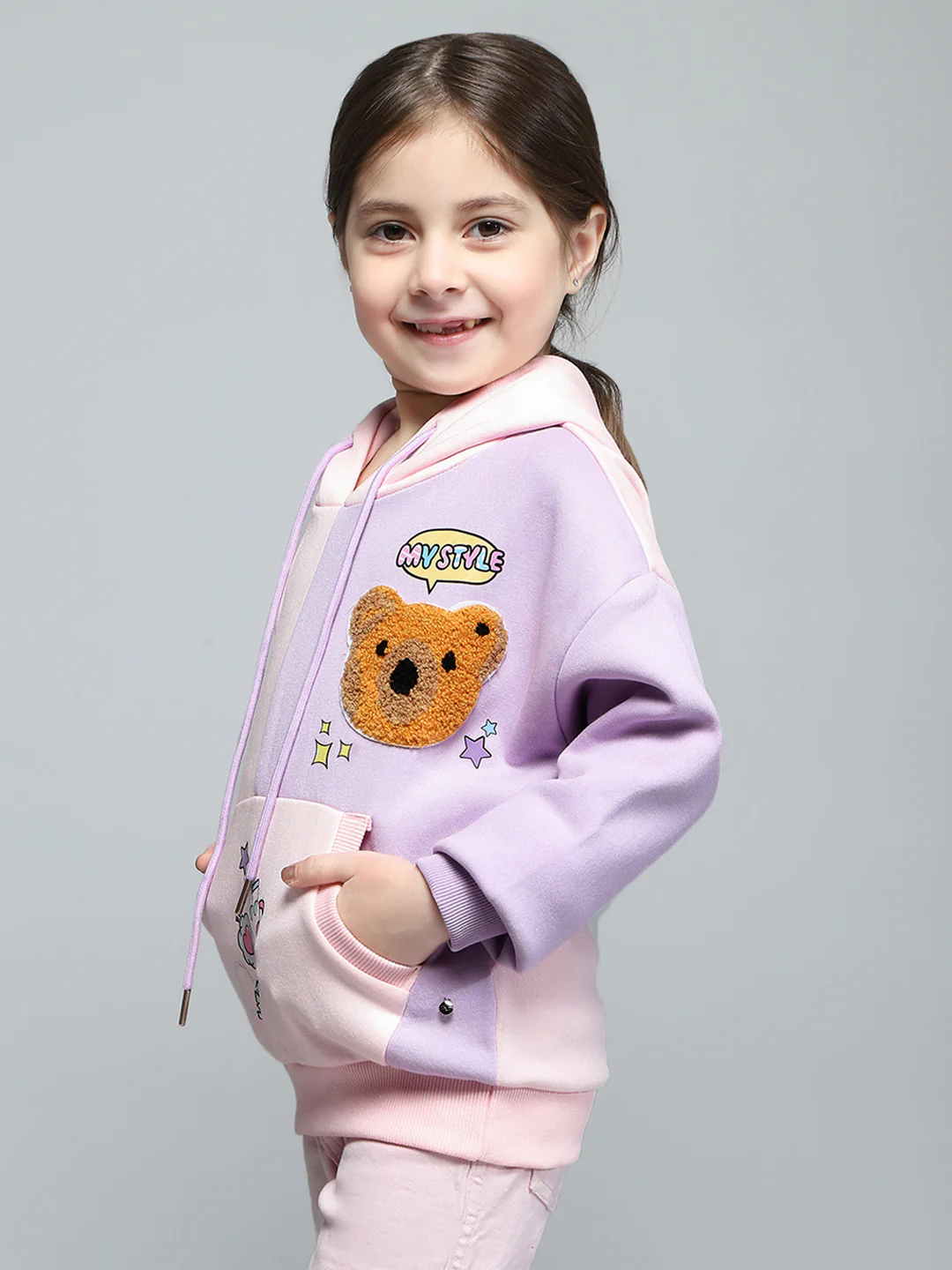 Girls Pink & Purple Printed Hooded Full Sleeve Sweatshirt - Image 3
