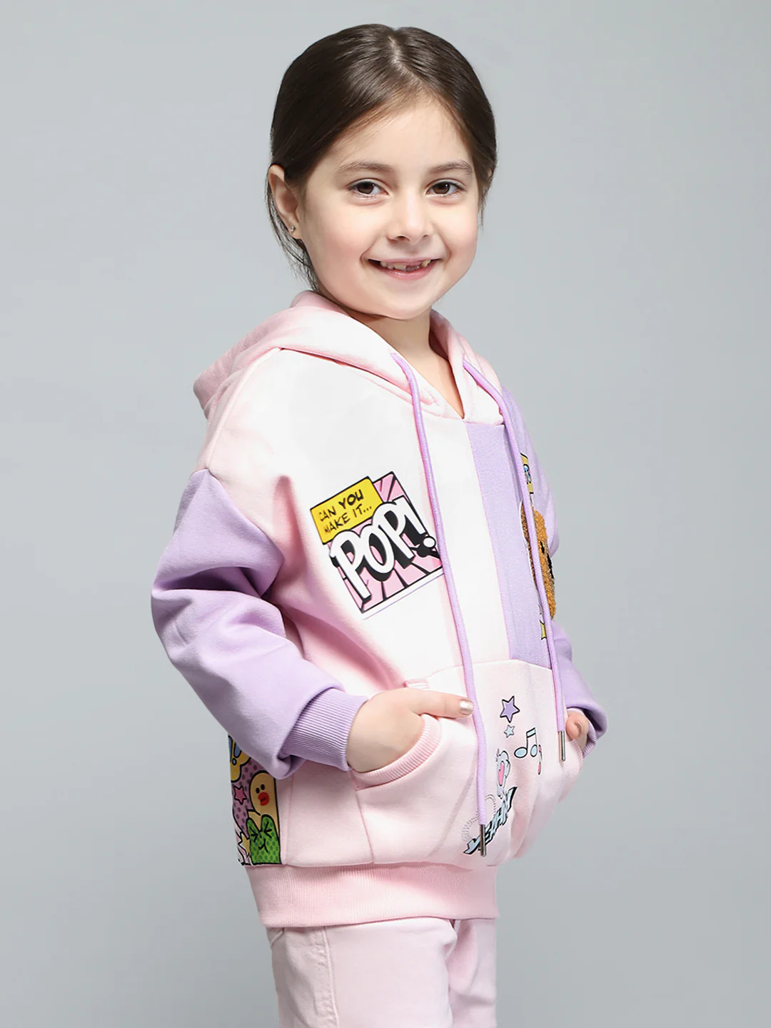Girls Pink & Purple Printed Hooded Full Sleeve Sweatshirt - Image 4