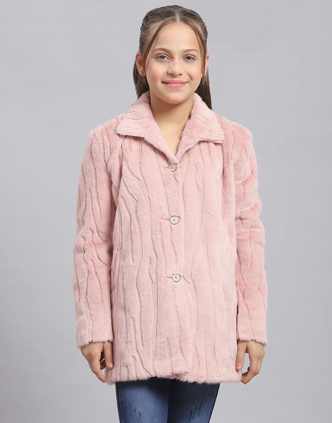 Girls Pink Self Design Collar Full Sleeve Coat - Image 3