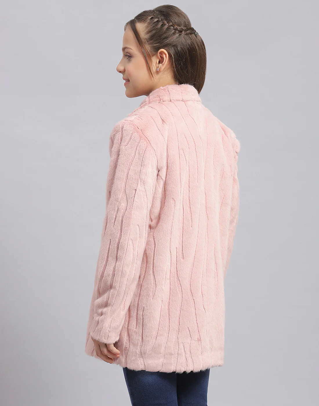 Girls Pink Self Design Collar Full Sleeve Coat - Image 6