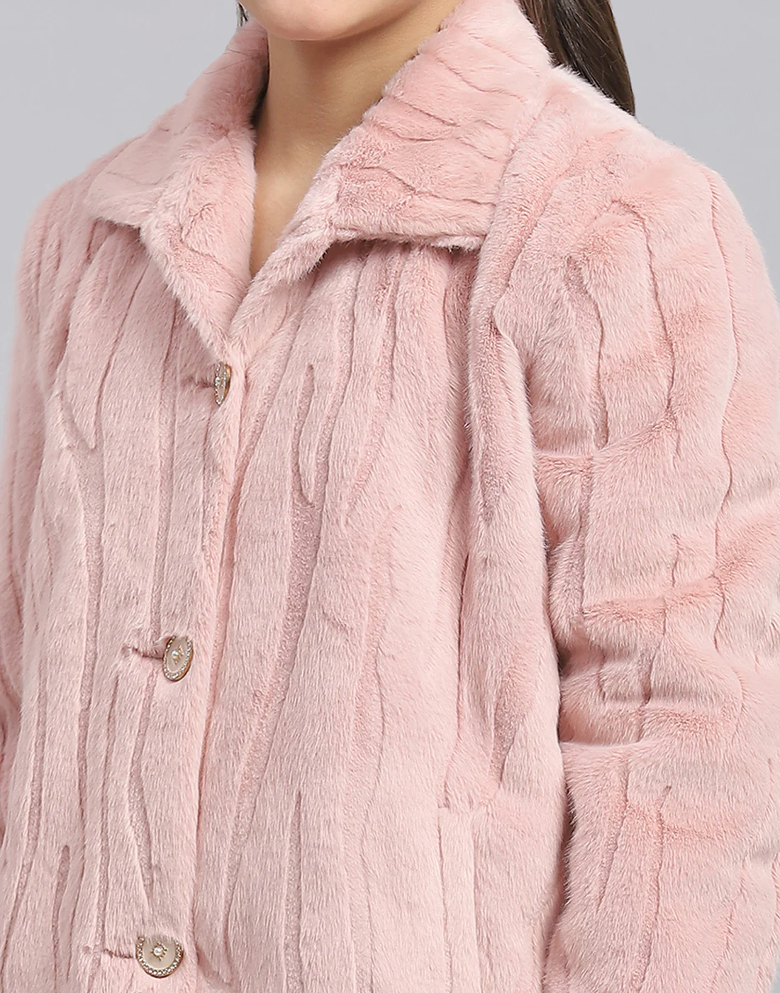 Girls Pink Self Design Collar Full Sleeve Coat - Image 7
