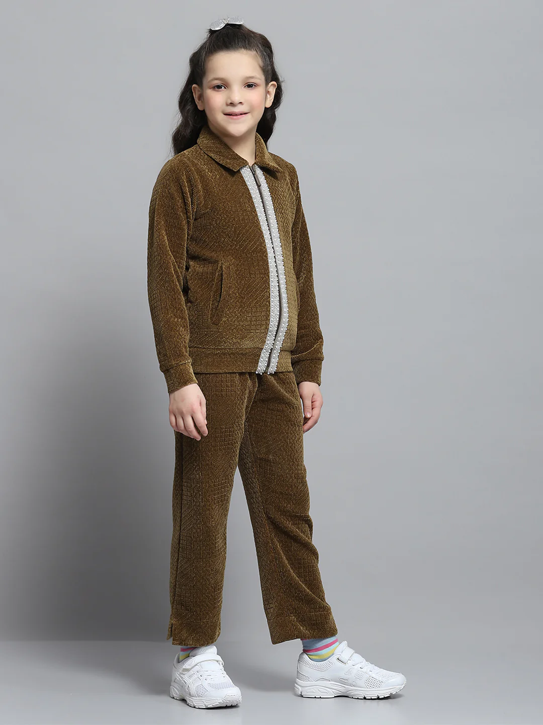 Girls Brown Self Design Collar Full Sleeve Cords Set - Image 4